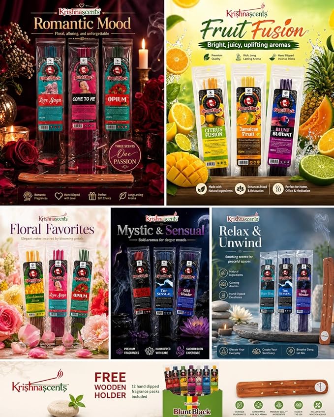 Blunt Black Hand-Dipped Incense Sticks | Premium 12 Assorted Packs - 144 Sticks, 11" Long | Aromatherapy with Long Burn Time | Free Wooden Stick Holder (Scents May Vary)