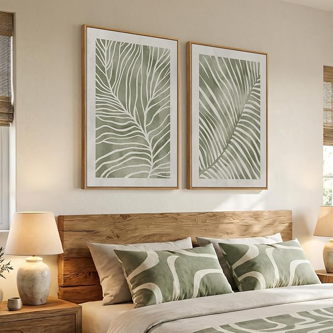 Framed Green Abstract Botanical Wall Art, 2 Piece Tropical Plant Canvas Painting Prints Artwork for Walls, Minimalist Boho Neutral Palm Leaf Pictures for Living Room Bedroom Kitchen Wall Decor, 24x36
