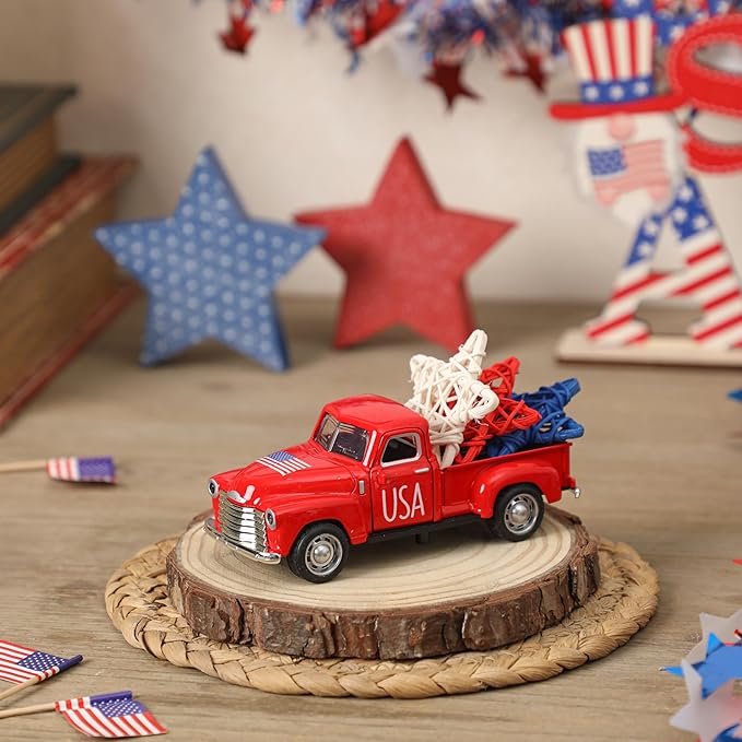 4th of July Truck Decorations - Farmhouse Metal Truck Car Decor with Stars Decorations, Patriotic Centerpieces for Tables - Lndependence Day Memorial Day Red White and Blue Tiered Tray Decor