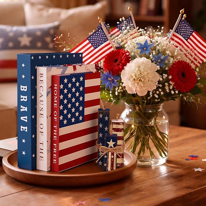 Thyle 4th of July Fake Decorative Books Wooden Firecracker Table Signs Faux Patriotic Decor Farmhouse Decoration Books for Independence Day 250th Anniversary Party Office Home Shelf Table Decor
