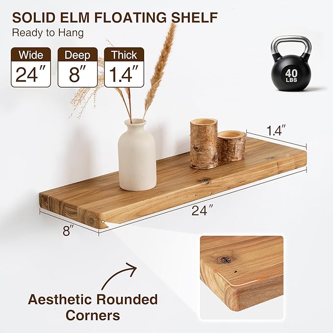 Dreamland 24" Rustic Elm Wood Floating Shelves, 8 Inch Deep Wall Shelves, Wall Mounted Floating Shelf with Invisible Bracket, Heavy-Duty Display Shelf - for Living Room, Kitchen, Bathroom, Set of 2