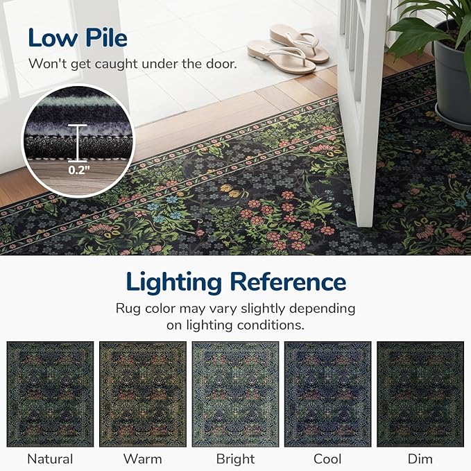 Lessymo Area Rugs 9x12 Living Room, Soft Washable Rug for Bedroom Dining Room Nursery Farmhouse, Boho Non Slip Low Plie Large Carpet Vintage Moody Dark Boho Flower, Black Green