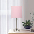 Oslo 19.5" Contemporary Bedside Power Outlet Base Standard Metal Table Desk Lamp in Brushed Steel with Light Pink Drum Fabric Shade