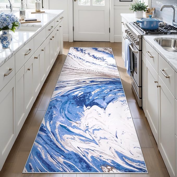 Ciicool 2x6 Washable Runner Rug, Modern Abstract Swirl Soft Hallway Rugs Runner, Non-Slip Thin Accent Rug Lightweight Blue Brown Print Distressed Carpet for Laundry Entryway Bedroom Kitchen Indoor