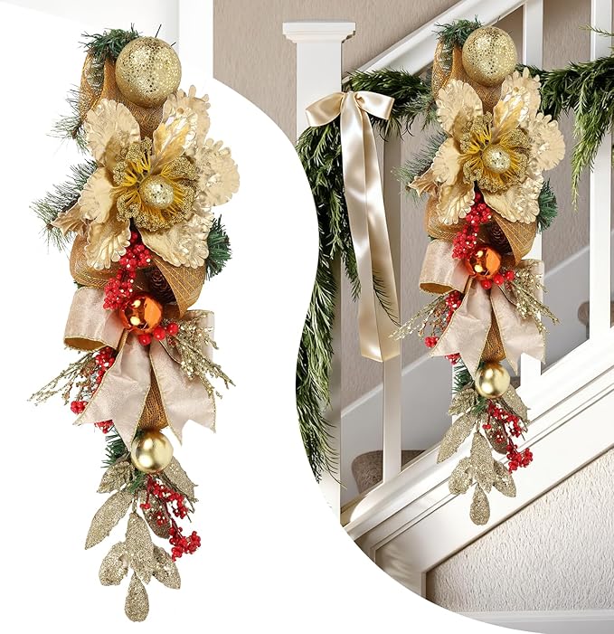 Gold Christmas Swag with Glitter Flowers, Ornaments, Pinecones and Ribbon Bow – 25.6" Teardrop Swag Christmas Front Door Decor Artificial Wall Door Hanging Holiday Decoration