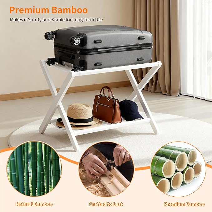 Heybly Luggage Rack, Folding Suitcase Stand with Storage Shelf, Heavy-Duty Luggage Holder for Guest Room Bedroom Hotel, Holds up to 165 lb, White, HLR010W1