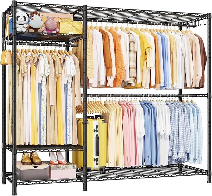 Ulif F7 Plus Garment Rack, Heavy Duty Clothes Rack, Clothing Racks for Hanging Clothes, 6-Tiers Freestanding Portable Closet Storage Rack 68'' W × 14.6'' D × 76.6'' H, Max Load 850 Lbs, Black