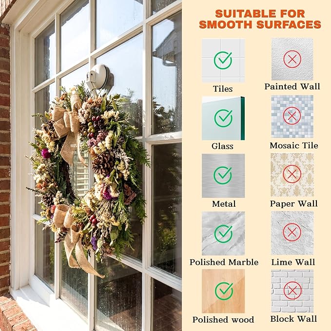 Ofiray-home Wreath Hangers, 2 Pack Heavy Duty Wreath Hangers for Front Doors/Windows/Over Door, No Drill & Reusable Suction Cup Hooks for Bedroom, RV, Bathroom and Home Storage Hooks(White)