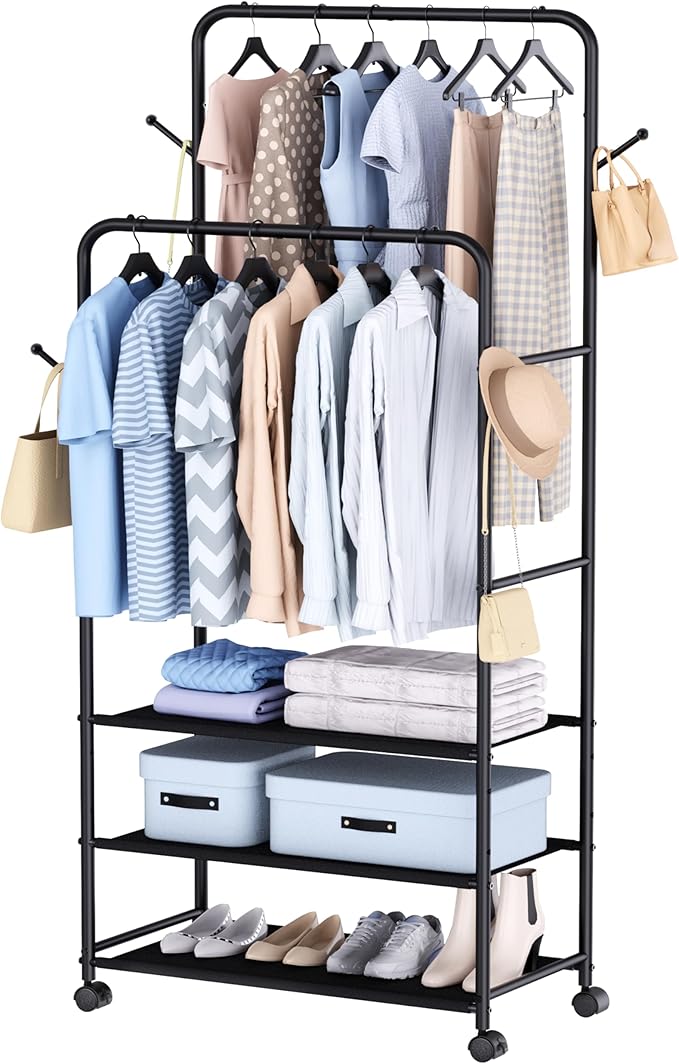 Whitmor Heavy Duty Adjustable Garment Rack-Rolling Clothes Organizer, Black and Chrome