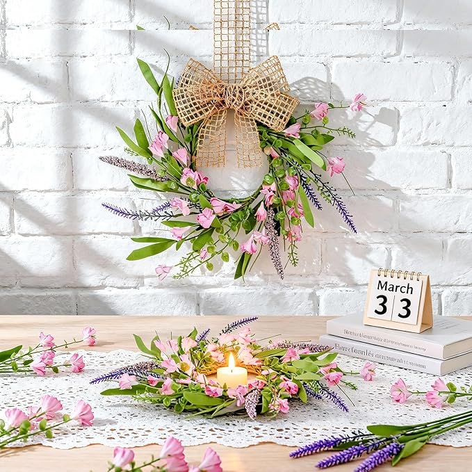 6 PCS 9'' Mini Pink Forsythia Lavender Wreath for Front Door Small Spring Kitchen Cabinet Wreaths with Burlap Ribbon Hanging Farmhouse Wreaths Artificial Greenery Wreath for Porch Wall Window Decor
