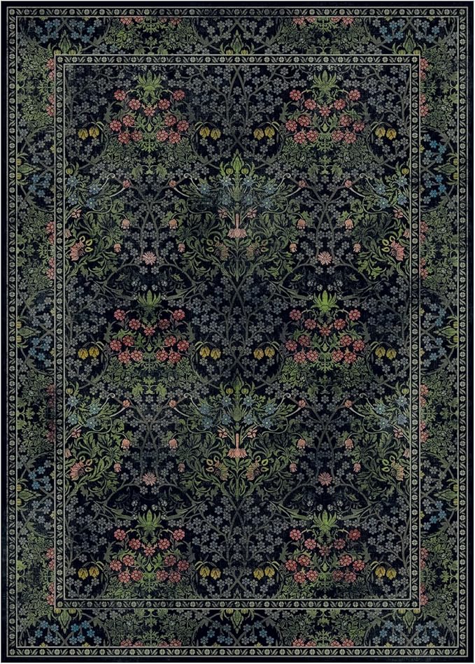 Lessymo Floral Black Green Washable Rugs 8x10, Living Room Area Rug Non Slip Boho Low Plie Large Carpet for Bedroom Dining Room Home Office, Vintage Flower Decor Distressed Retro Indoor