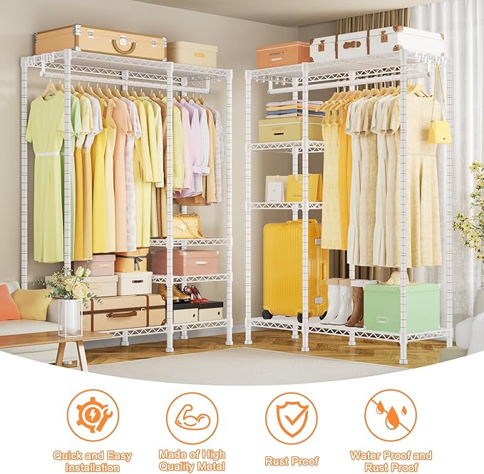 Ulif F4 Heavy Duty Clothes Rack (With Hanger Rod) Freestanding Clothing Racks for Hanging Clothes，Adjustable Closet Organizer System, Portable Garment Rack 45"W x 15.8"D x 71.3"H,Max Load 600LBS,White
