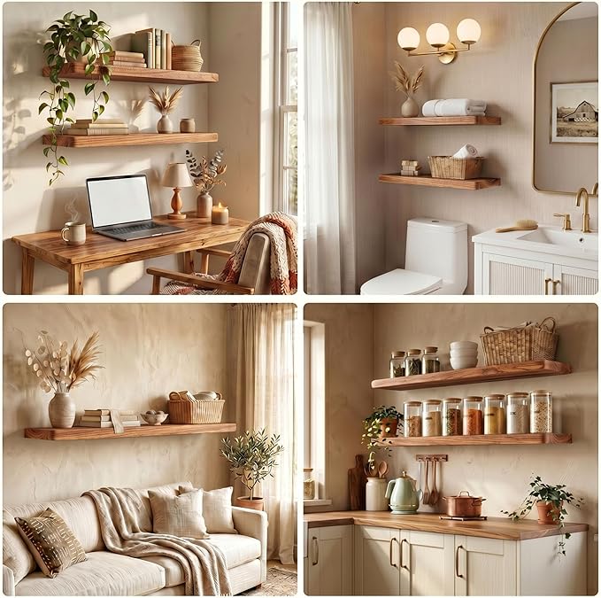 18 Inch Floating Shelves, Solid Wood Wall Shelves, 8 Inch Deep Floating Shelf – for Bathroom, Bedroom, Living Room, Kitchen, Home Decor & Storage, Heavy-Duty Wooden Shelf Wall-Mounted, Set of 2