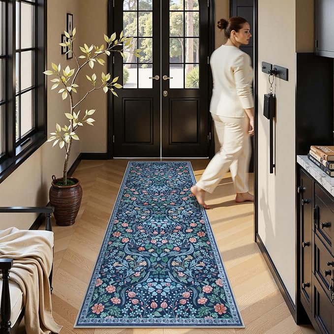 Moynesa Floral Kitchen Runner Rug 2x6, Washable Boho Runners for Hallways Non Slip Soft Bathroom Carpet Runner, Botanical Ultra Thin Throw Mat for Laundry Room Entryway, Blue