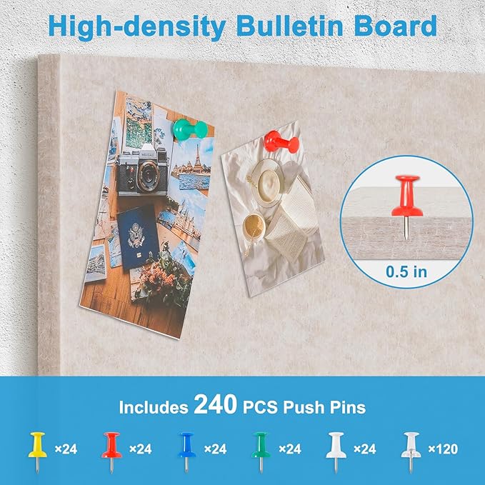 DOLLAR BOSS Felt Cork Board Tiles, 24 Packs 12" x 12" Thick Cork Bulletin Board Self Adhesive Acoustic Panels Soundproof Corkboards for Walls with Pushpins for Home Office Kitchen School, Beige