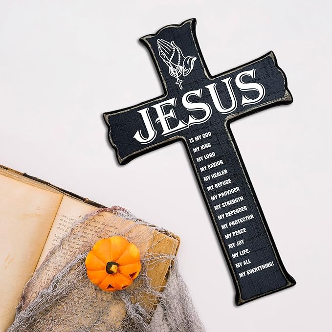 Cross Wall Decor - Black Scripture Wooden Cross For Wall - Gothic Wooden Hanging Signs Christian Easter Decor for Home Office Church Baptism - Christian Gifts for Men Women (Jesus) - A08