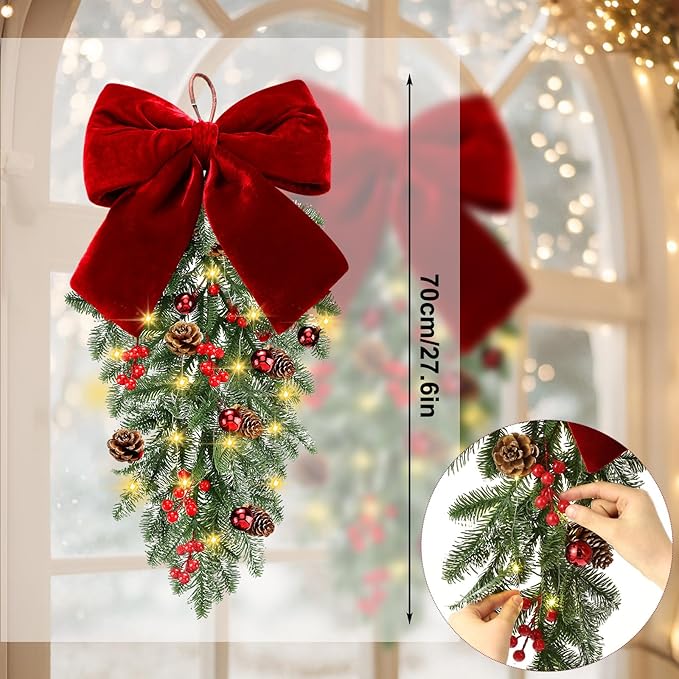 Yunlly 24" Pre Lit Christmas Teardrop Swag Battery Operated Christmas Red Bowknot Swag with Lights, Pine Cones, Pine Branches, Xmas Wreath Garland Ornament for Indoor Outdoor Home Hanging Decor