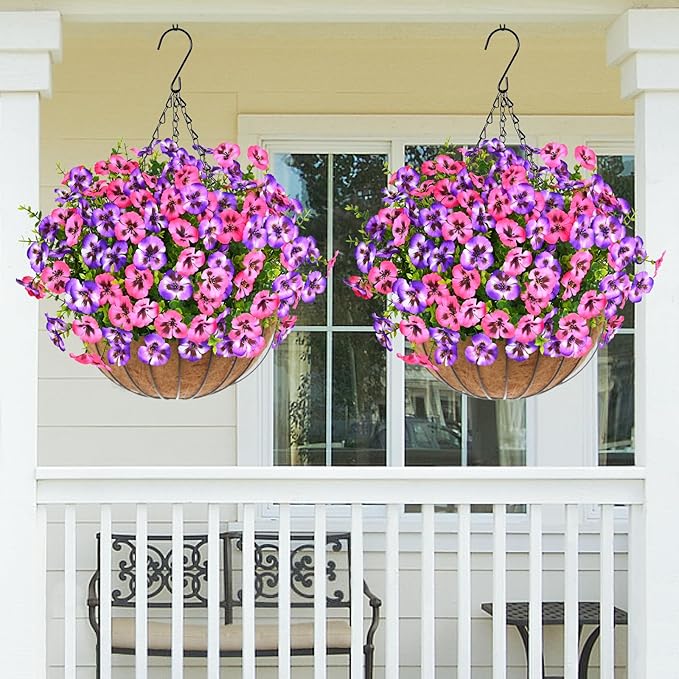 MARTINE MALL 18 Bundles Look Real Artificial Flowers for Outdoors, Realistic Fake Outdoor Flowers, UV Resistant Silk Pansy Flowers for Outside Faux Flowers Plants for Outdoor Porch Patio, Pink+Purple