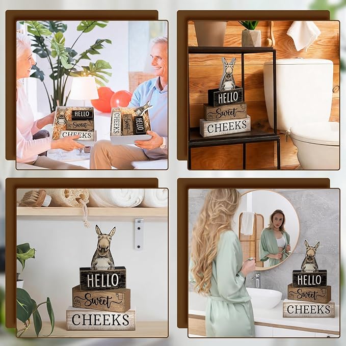 Moucuny 4 Pcs Donkey Bathroom Decor Set Farmhouse Bathroom Decor and Accessories Rustic Hello Sweet Cheeks Wooden Blocks Signs Funny Donkey Toilet Shelf Decoration for Home Office Half Bath