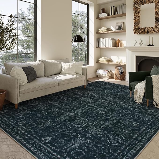 Lahome Washable 9x12 Area Rugs for Living Room,Black Boho Rugs for Bedroom,Dark Lurxry Non Shedding Carpet for Dining Room Apartment Dorm Office Aesthetic Decor