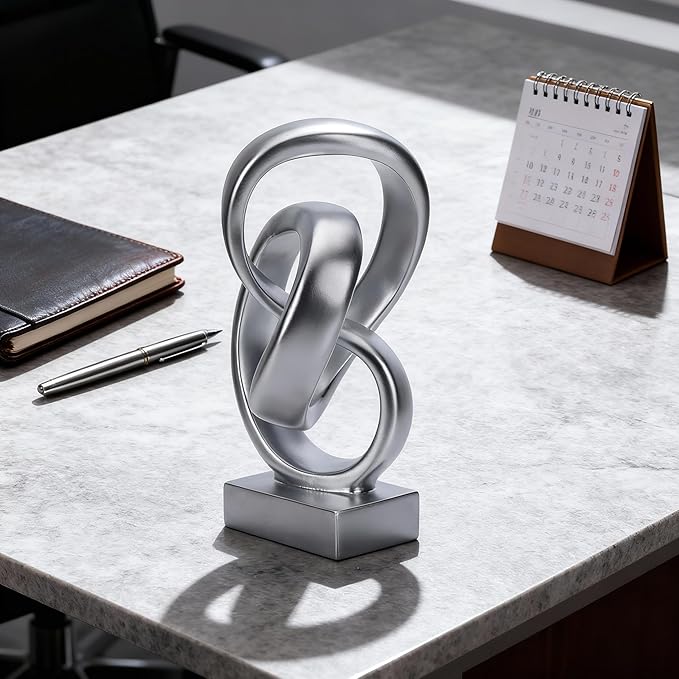 DOVDOV Abstract Silver Knot Sculpture, Geometric Decorative Statue, Silver Accent Piece for Living Room Coffee Table or Bookshelf Surface, Office TV Cabinet or entryway Console Table Decoration.