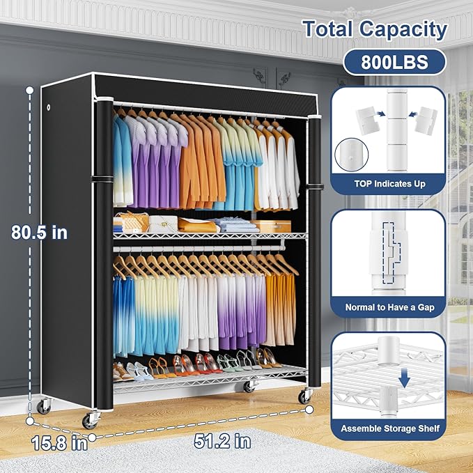 P8C Max Heavy Duty Clothes Rack（With Extended Width Design） Rolling Clothing Racks for Hanging Clothes with Lockable Wheels，51.2"W x 15.8"D x 80.5"H，Load 700LBS，White Rack with Black Cover