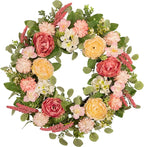 22 Inch Spring Summer Wreath for Front Door, Realistic Silk Peony & Hydrangea Wreath with Yellow Pink Flowers Grain Stems, Artificial Floral Wreath for Indoor Outdoor Porch Wall Farmhouse Decor