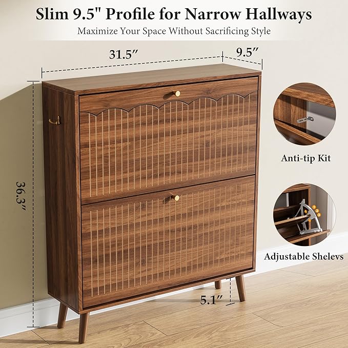 Nicetree Mid-Century Modern Slim Shoe Cabinet for Entryway, 9.45" Narrow Shoe Storage Cabinet with Architectural Arched Fluted Front, Entryway Shoe Storage with Adjustable Shelves,Classic Walnut