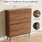 Nicetree Mid-Century Modern Slim Shoe Cabinet for Entryway, 9.45" Narrow Shoe Storage Cabinet with Architectural Arched Fluted Front, Entryway Shoe Storage with Adjustable Shelves,Classic Walnut