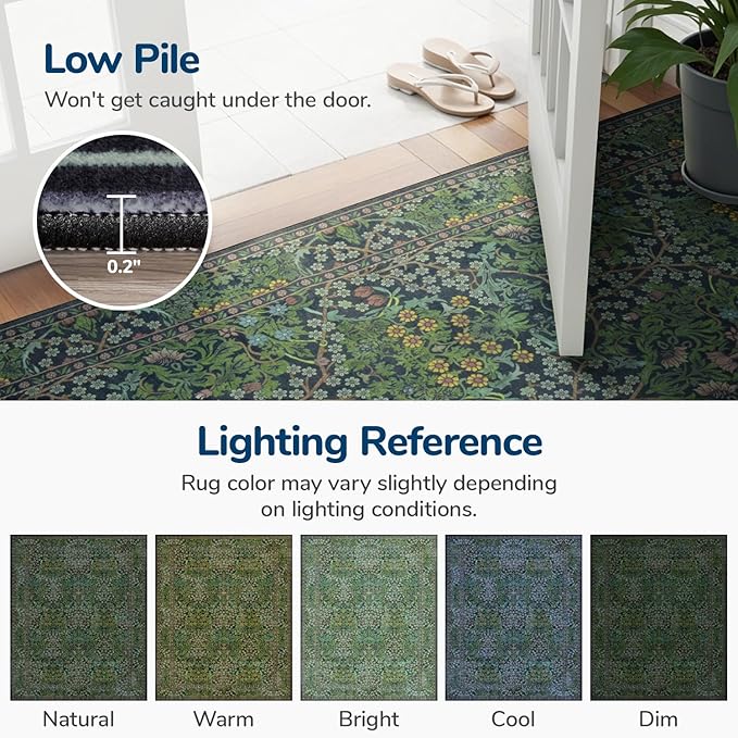Lessymo Floral Runner Rug for Entryway, 2x6 Kitchen Rugs Non Slip Rubber Ultra-Thin Soft Washable Runners for Hallway, Faux Wool Small Carpet Bedside Rug, Vintage Floral Design Decor, Forest Green