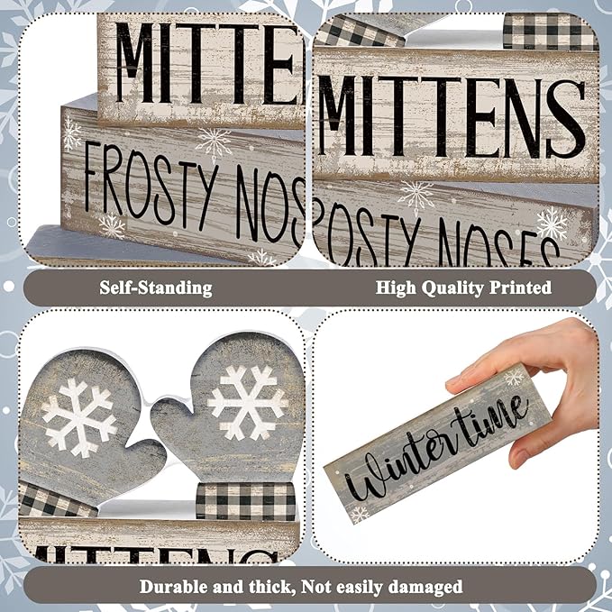 Lineshading 4 Pcs Winter Table Decorations Wooden Mittens Decor Winter Tiered Tray Decor Rustic Snowflake Mittens Block Signs Gift Farmhouse Christmas Centerpiece for Wonderland Party Kitchen Home