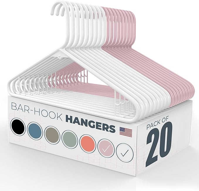 Neaties Plastic Hangers 20 Pack - Made in the USA - 6lb Capacity Standard Clothes Hangers with Strap Hooks for Dresses, Lingerie, Shirts, Pants, and Jackets - White & Rose