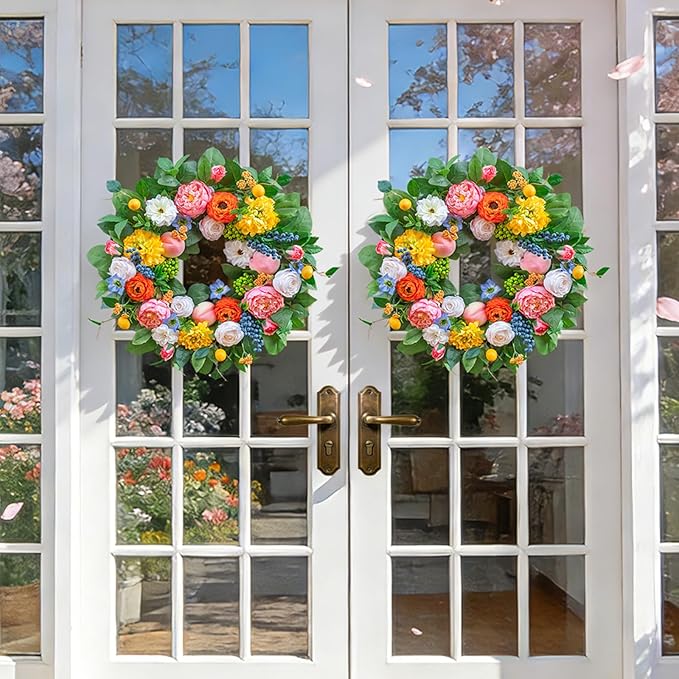 Pinkpuii Spring Wreaths for Front Door 24 Inch Vibrant Spring Summer Wreath with Peonies,Roses,Marigolds,Blueberries & Realistic Fruit Accents (Peach, Lemon)- Ideal for Porch,Entryway,Wall,Window
