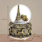 LED Music Snow Globe Vintage Eiffel Tower Buildings Embedded Carousel Retro Home Decoration for Book Shelf Cabinet Floating Board Office Desk Table Top Decor Centerpieces Ornament (Gold)