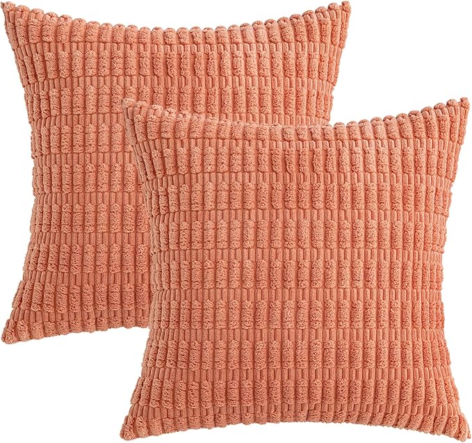 MIULEE Pack of 2 Corduroy Decorative Throw Pillow Covers 16x16 Inch Soft Boho Striped Pillow Covers Modern Farmhouse Home Decor for Summer Sofa Living Room Couch Bed Coral