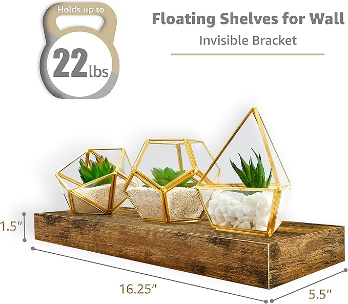 Sorbus Floating Shelves for Wall – 16 Inch Floating Shelf for Kitchen, Bedroom, Living Room, Bathroom, Home & Wall Decor - Mounted Bathroom Shelves with Invisible Brackets (Rustic Brown, 3 Pack)