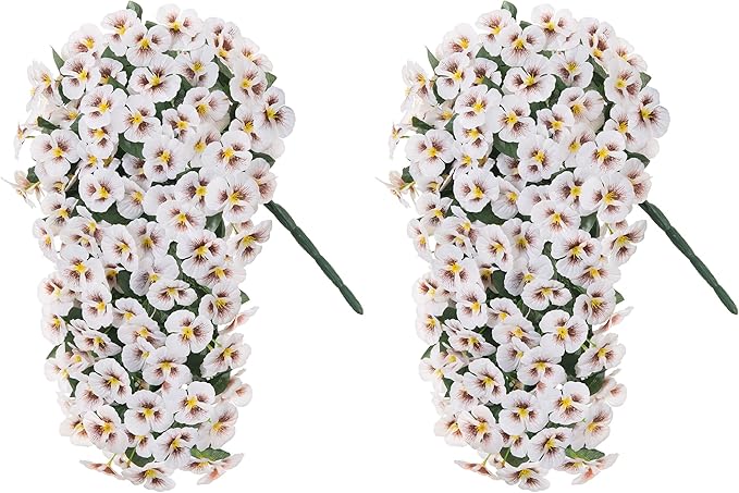 HyeFlora Artificial Flowers for Outdoors 2pcs Faux Silk Pansy Vines Lush UV Resistant Fake Hanging Flower Plants for Outside Porch Yard Patio Window Box (White)