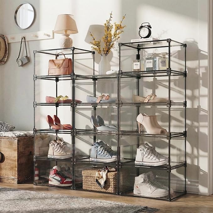Magnetic Side Open Transparent Plastic Storage Shoe Box Clear Shoe Display Case Sneaker Shoe Storage Box Display Box Shoe Container Clear Closet Shelf Shoe Organizer (Black 8PC)