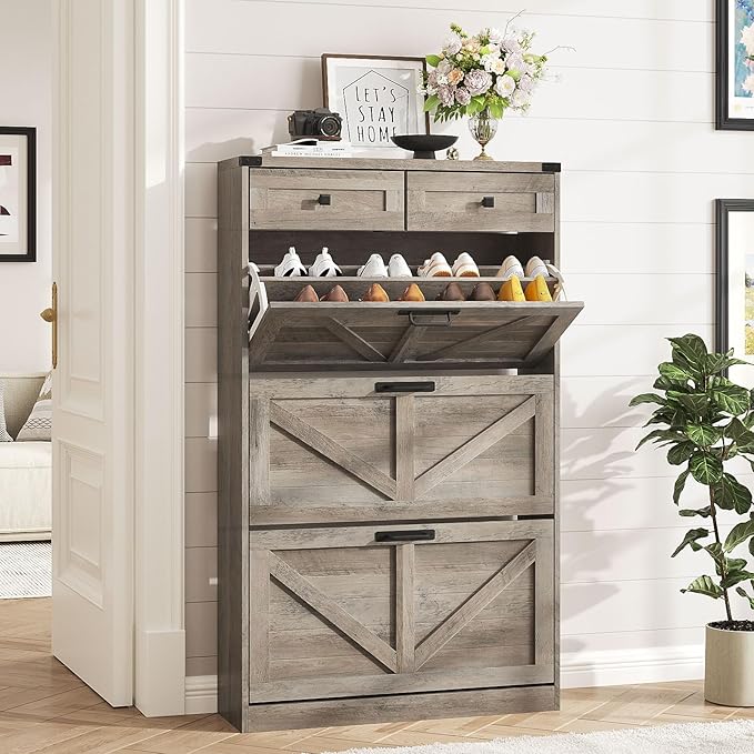 Shoe Cabinet with 3 Flip Drawers & 2 Drawers,Freestanding Shoe Storage Cabinet for Entryway,Farmhouse Narrow Slim Organizer Rack for Foyer,Hallway,Grey