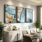 Large Framed Blue and Gold Abstract Wall Art for Living Room, 3 Piece Modern Canvas Prints Paintings Artwork for Walls, Minimalist Elegant Pictures for Dining Bedroom Hallway Lounge Wall Decor 24x36 In