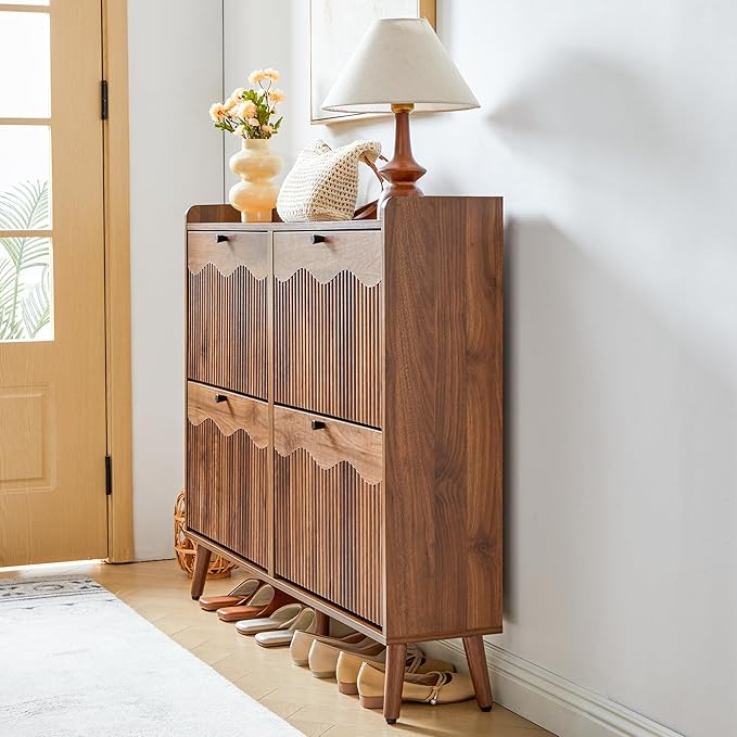 BERRYMERRY 47.2” Shoe Storage Cabinet for Entryway with 4 Flip Drawers, Narrow Shoe Organizer with Wave&Fluted Panel, Freestanding Wood Hidden Shoe Cabinet for Hallway