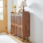BERRYMERRY 47.2” Shoe Storage Cabinet for Entryway with 4 Flip Drawers, Narrow Shoe Organizer with Wave&Fluted Panel, Freestanding Wood Hidden Shoe Cabinet for Hallway