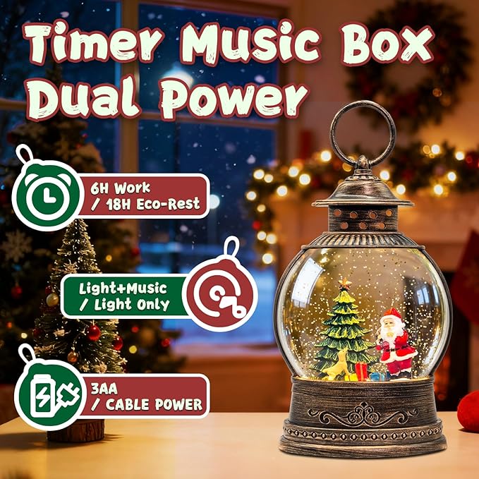 Christmas Snow Globes, 9.45" Santa Claus Glitter Water Lantern with 8 Songs, 6H Timer Battery & USB Powered Music Box for Christmas Decorations Indoor