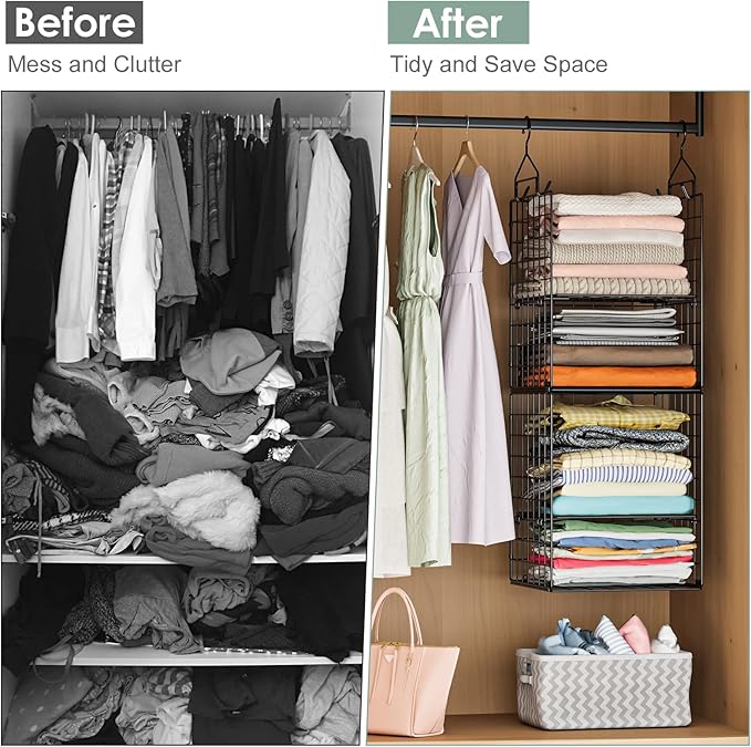 6-Tier Closet Hanging Organizer Shelves, Hanging Closet Organizer and Storage Bin with Adjustable Dividers, Metal & Foldable Closet Hanging Organizers and Storage for Clothes Sweaters Shoes Handbags