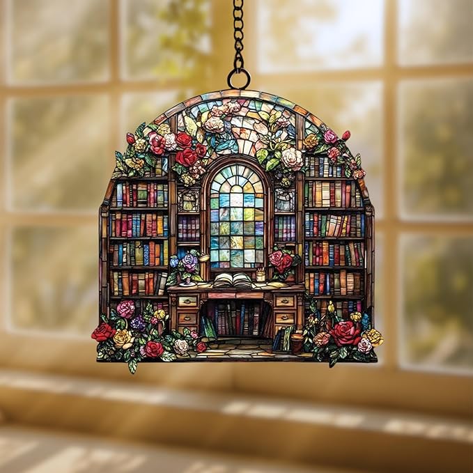 Book and Flower Acrylic Suncatcher, Book Suncatchers for Window Hangings, Bookish Gifts for Readers Book Lovers Bookworm, Gift for Mother's Day, Women, Mom, Wife, Grandma