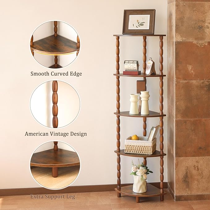 MaxSmeo Corner Shelf, 5-Tier Corner Bookshelf for Small Spaces, Stylish Corner Storage Display Shelves for Bedroom, Bathroom, Kitchen, Living Room (Rustic Brown)