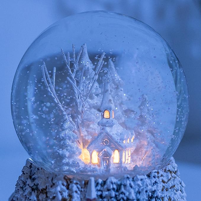 Ashfield & Harkness Winterland Church Decorative Snow Globe with Wind Up Music Box and LED Battery Operated Light