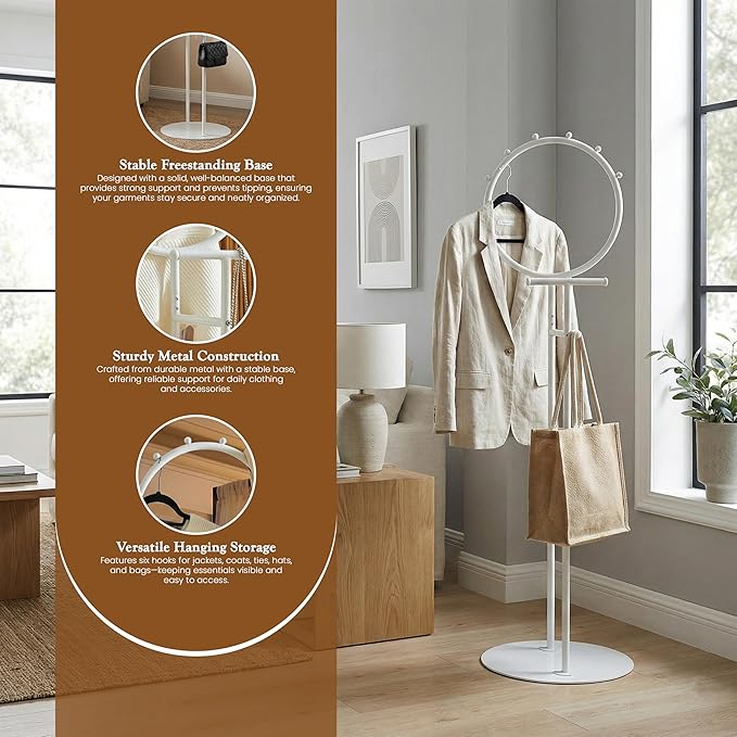 Kings Brand Furniture Cheska Suit Valet Stand with Circular Frame - Tie Jacket Clothes Hooks, Freestanding Clothing Organizer, White