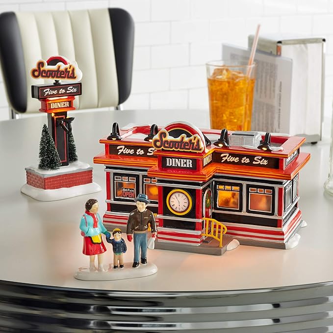 Department 56 Original Snow Village Scooter's Diner Lit Animated Buidling and Figurine Set, 6.1 Inch, Multicolor