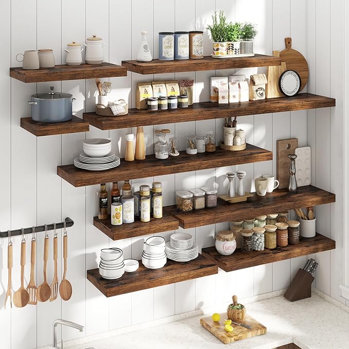 48 Inch Long Floating Shelves for Wall 2 Pack, 12"D Wood Grain Bathroom Shelves with Invisible Brackets, Easy Install Engineered Wood Storage Shelves for Kitchen, Living Room, Bedroom, Rustic Brown